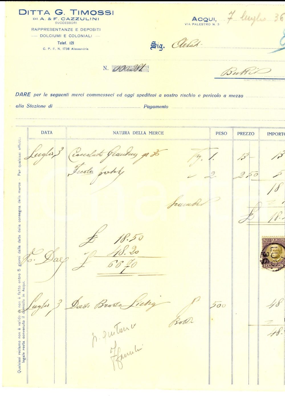Documento originale, autentico 1936 ACQUI TERME AL Ditta G. TIMOSSI di A. CAZZULINI dolciumi Fattura 1