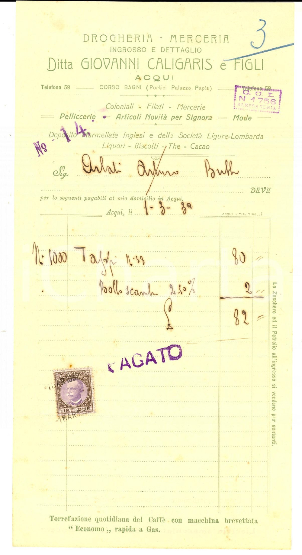 Documento originale, autentico 1932 ACQUI TERME AL Drogheria Giovanni CALIGARIS & Figli Fattura per tappi 1