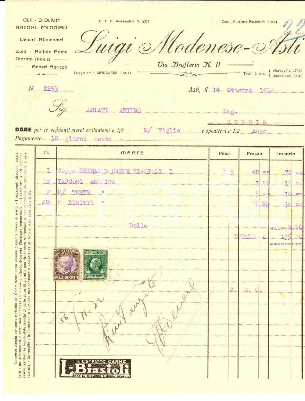 Documento originale, autentico 1932 ASTI Luigi MODENESE olii, saponi e coloniali Fattura intestata 1