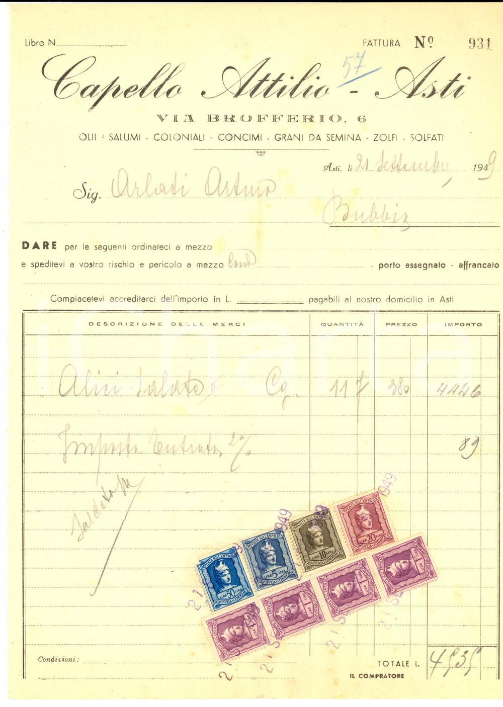 Documento originale, autentico 1949 ASTI Ditta Attilio CAPELLO Olii, salumi e coloniali Fattura intestata 1