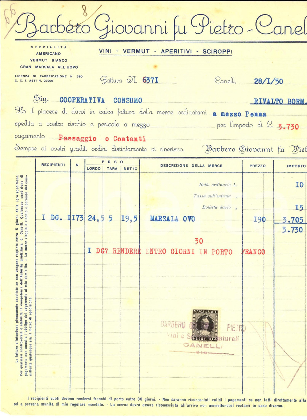 Documento originale, autentico 1950 CANELLI AT Giovanni BARBERO vini Fattura intestata per marsala ovo 1