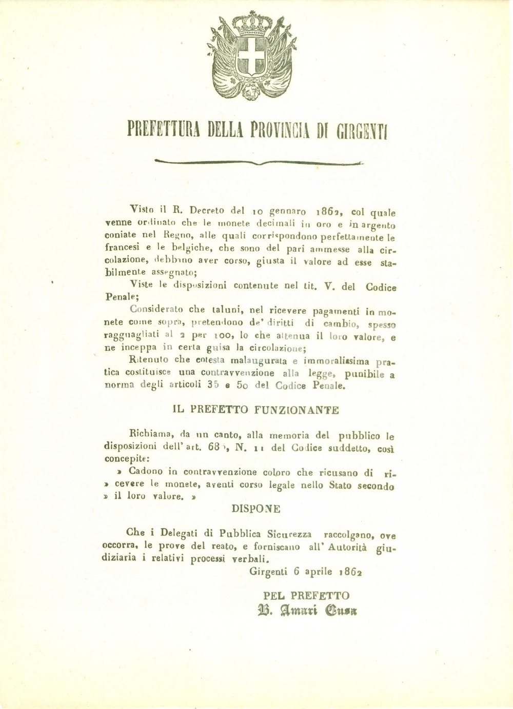 Documento originale, autentico 1862 GIRGENTI Pene severe per chi rifiuta pagamenti con monete del REGNO 3 1