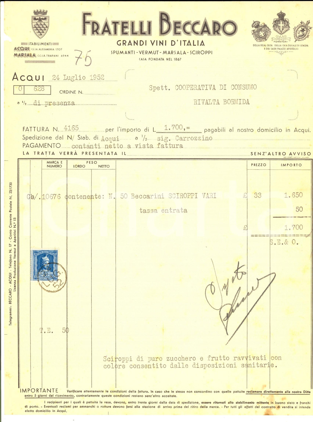 Documento originale, autentico 1952 ACQUI TERME AL Fratelli BECCARO grandi vini d Italia Fattura intestata 1