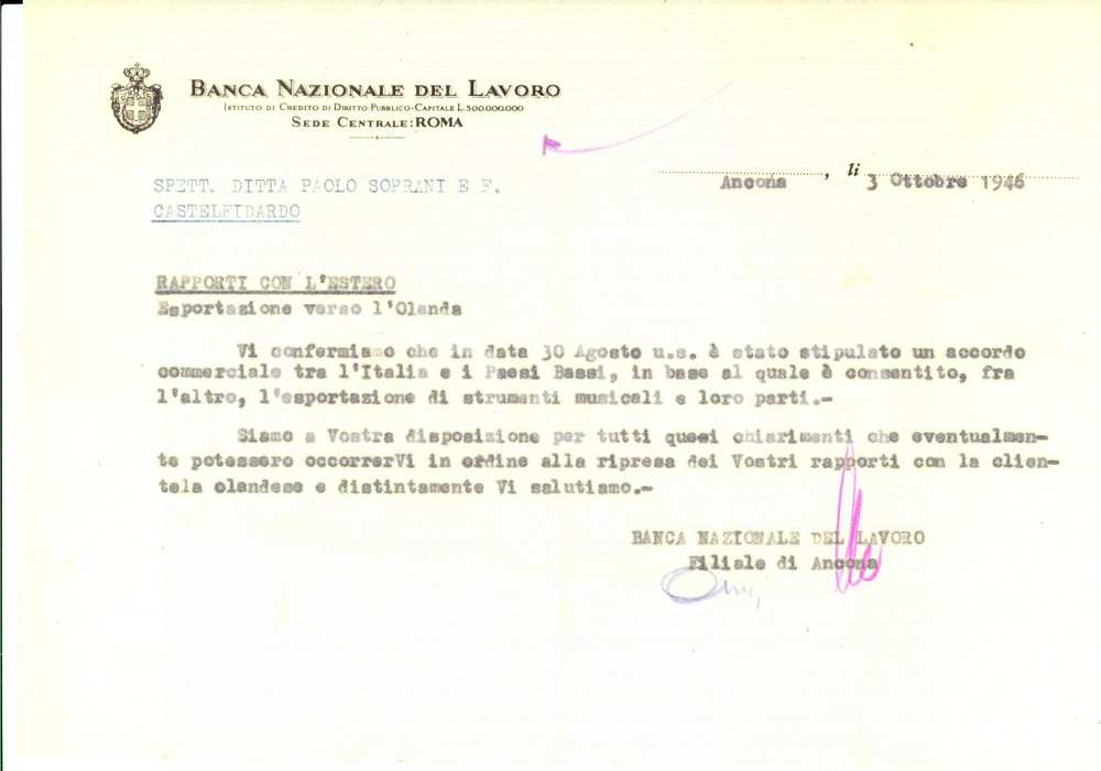 Manoscritto, lettera originale 1946 ANCONA BANCA NAZIONALE DEL LAVORO Lettera esportazione strumenti musicali 1