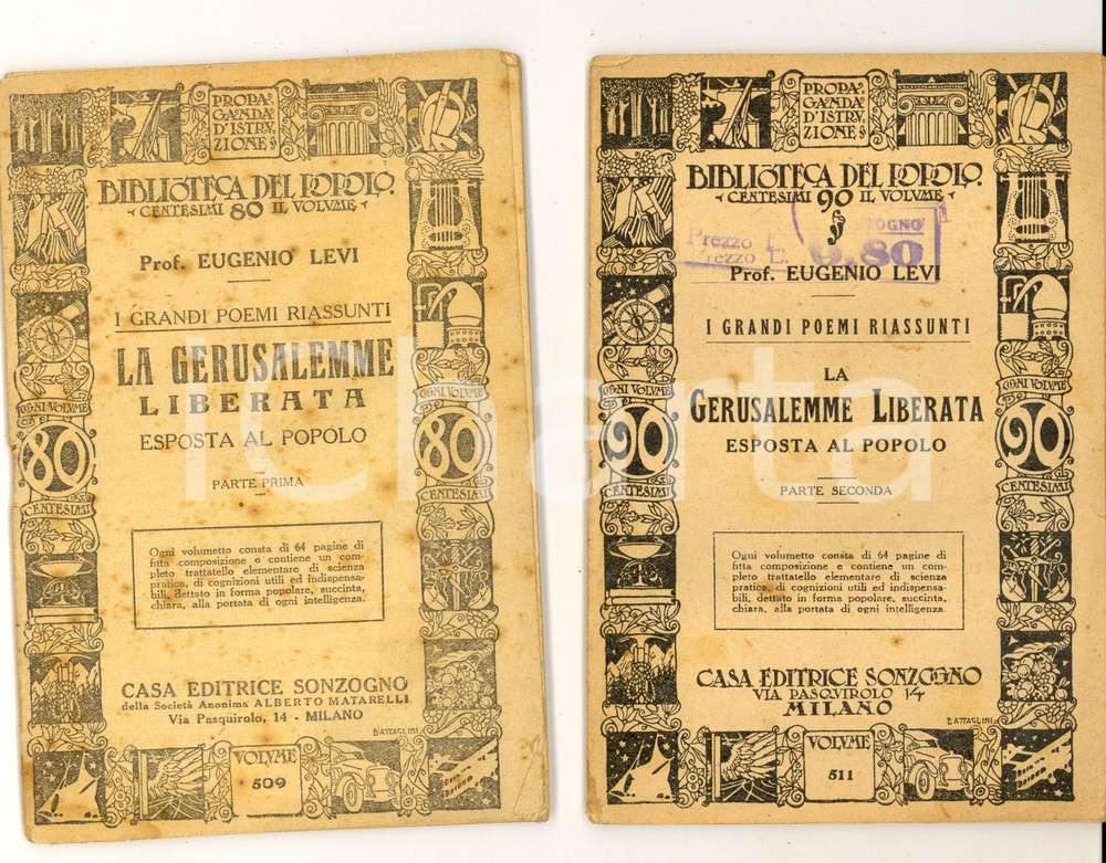 Libro, pubblicazione d epoca 1930 ca BIBLIOTECA DEL POPOLO Eugenio LEVI La Gerusalemme liberata 2 voll. 1
