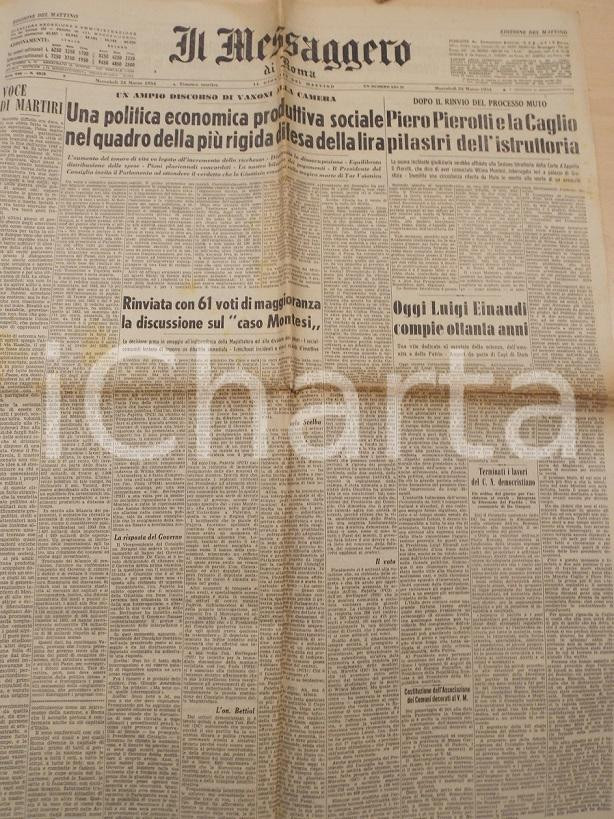 Giornale, rivista storica 1954 IL MESSAGGERO Ministro VANONI in difesa della lira  Processo MONTESI 1