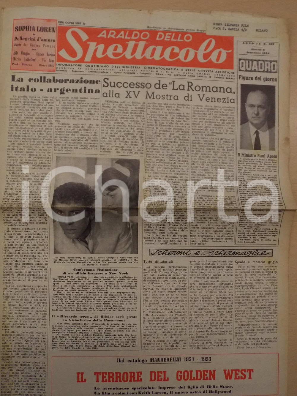 Giornale, rivista storica 1954 ARALDO DELLO SPETTACOLO XV Mostra di Venezia  La Romana Giornale CINEMA 1