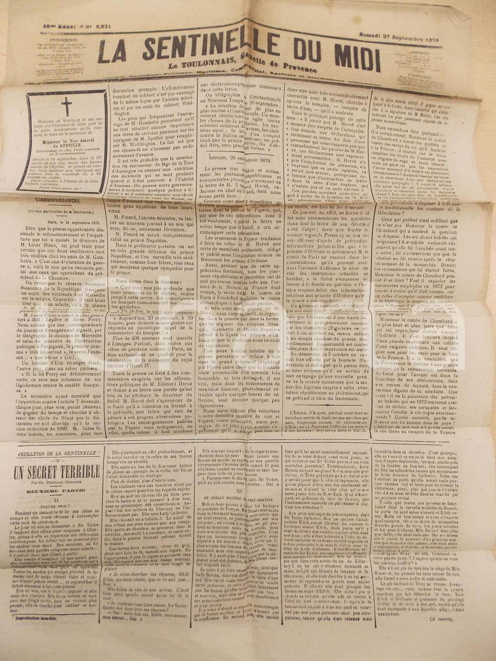 Giornale, rivista storica 1879 LA SENTINELLE DU MIDI Lettre d Edouard HERVE  orlÃ©aniste Gazette TOULON 1