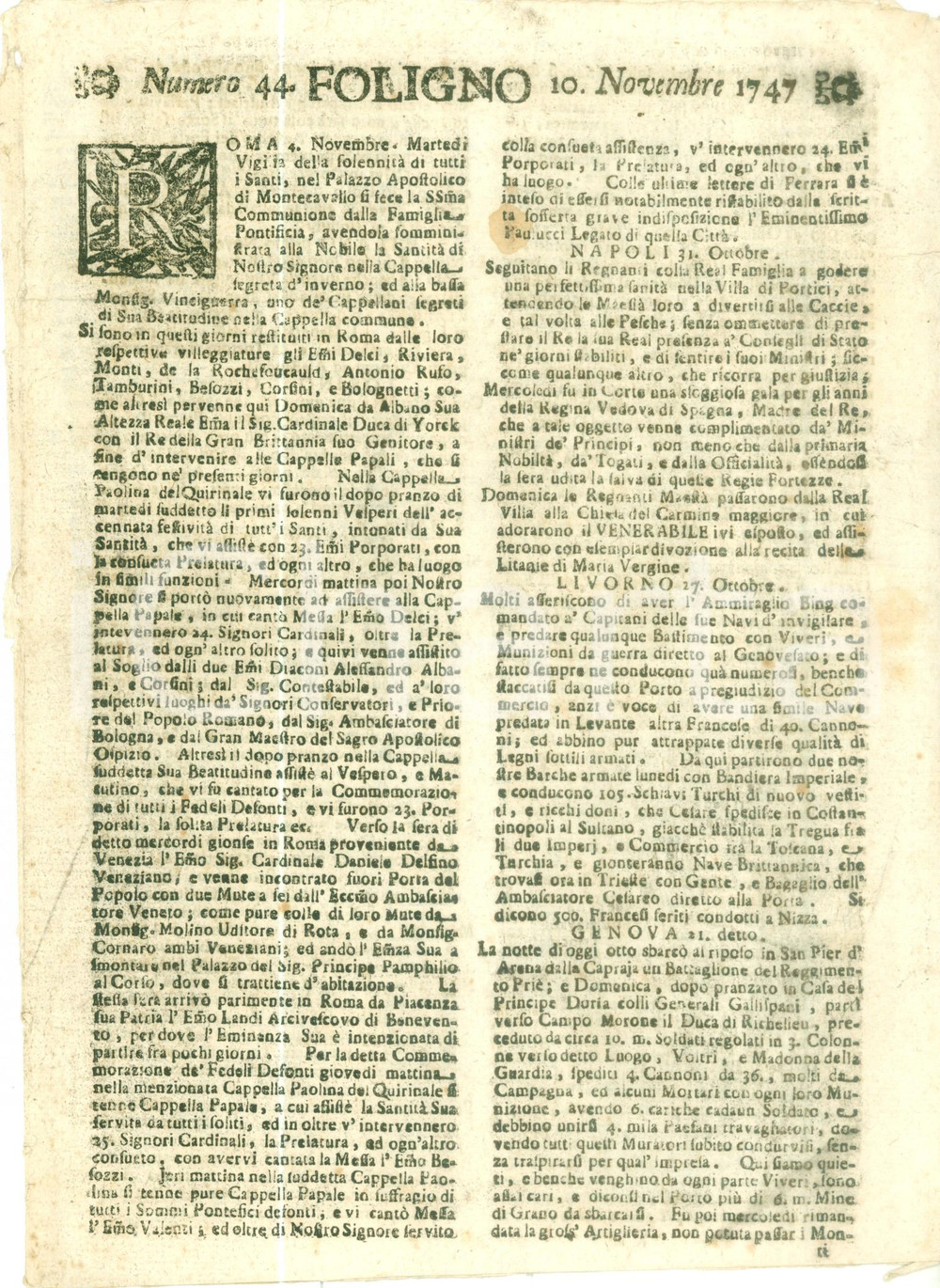 Giornale, rivista storica 1747 GIORNALE DI FOLIGNO n. 44 Flotta inglese sbarca a GENOVA SAMPIERDARENA 1