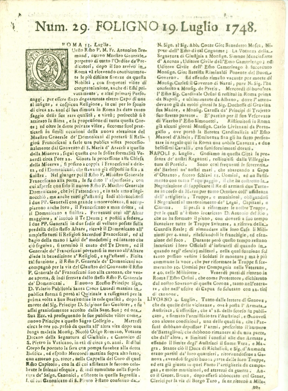 Giornale, rivista storica 1748 GIORNALE DI FOLIGNO n. 29 Padre Antonin BREMOND in visita a ROMA 1
