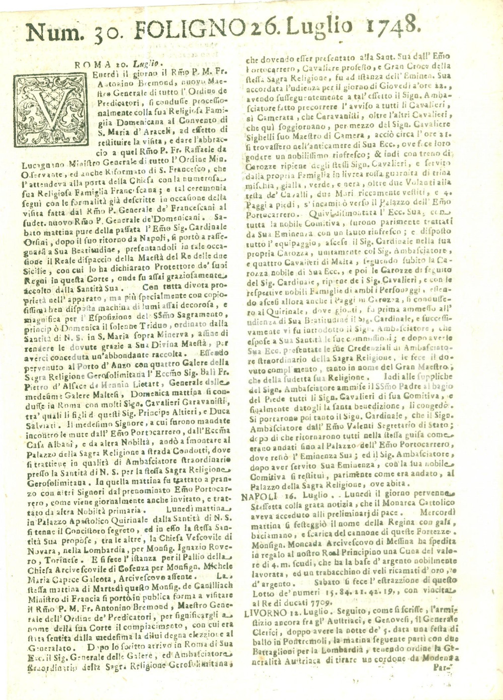 Giornale, rivista storica 1748 GIORNALE DI FOLIGNO n. 30 Padre Antonin BREMOND visita i luoghi sacri ROMA 1