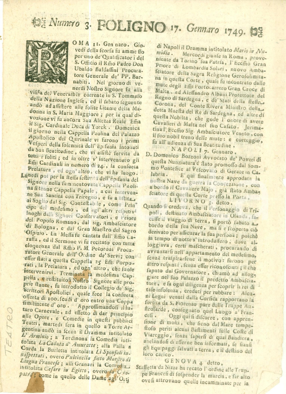 Giornale, rivista storica 1749 GIORNALE DI FOLIGNO n. 3 Celebrazione dell Epofania nella Cappella Papale 1