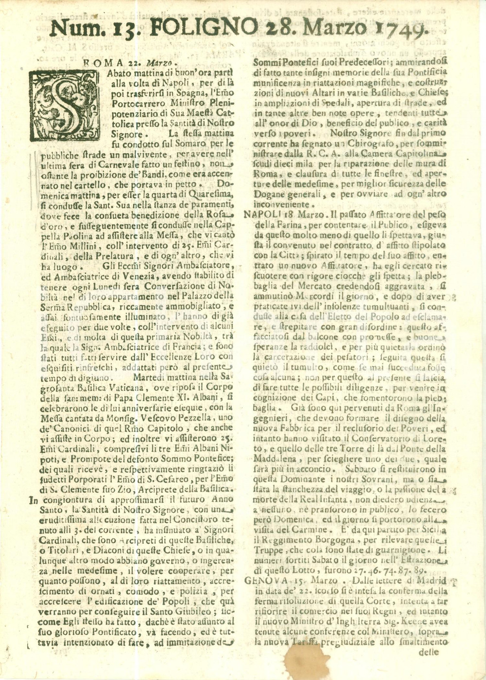 Giornale, rivista storica 1749 GIORNALE DI FOLIGNO n. 13 Rivolta plebaglia per tariffe peso della farina 1