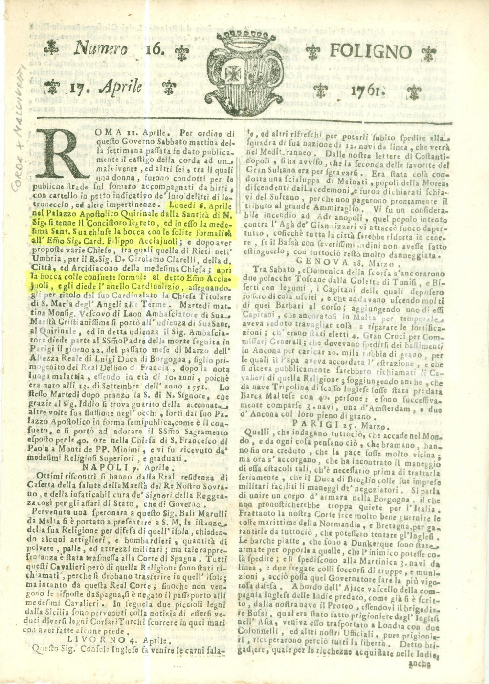 Giornale, rivista storica 1761 GIORNALE FOLIGNO 16 Pace per Guerra Sette Anni ancora lontana DANNEGGIATO 1