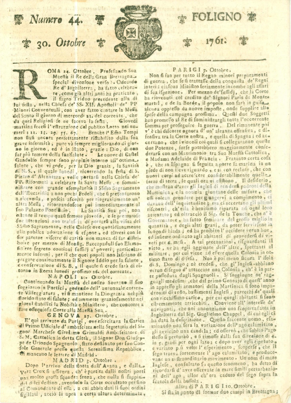 Giornale, rivista storica 1761 GIORNALE DI FOLIGNO n. 44 Immensi preparativi di guerra a PARIGI 1