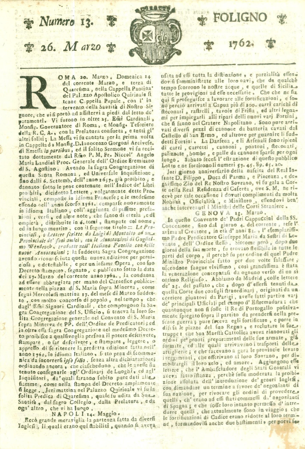 Giornale, rivista storica 1762 GIORNALE DI FOLIGNO n. 13 Le Provinciali di PASCAL condannate per eresia 1