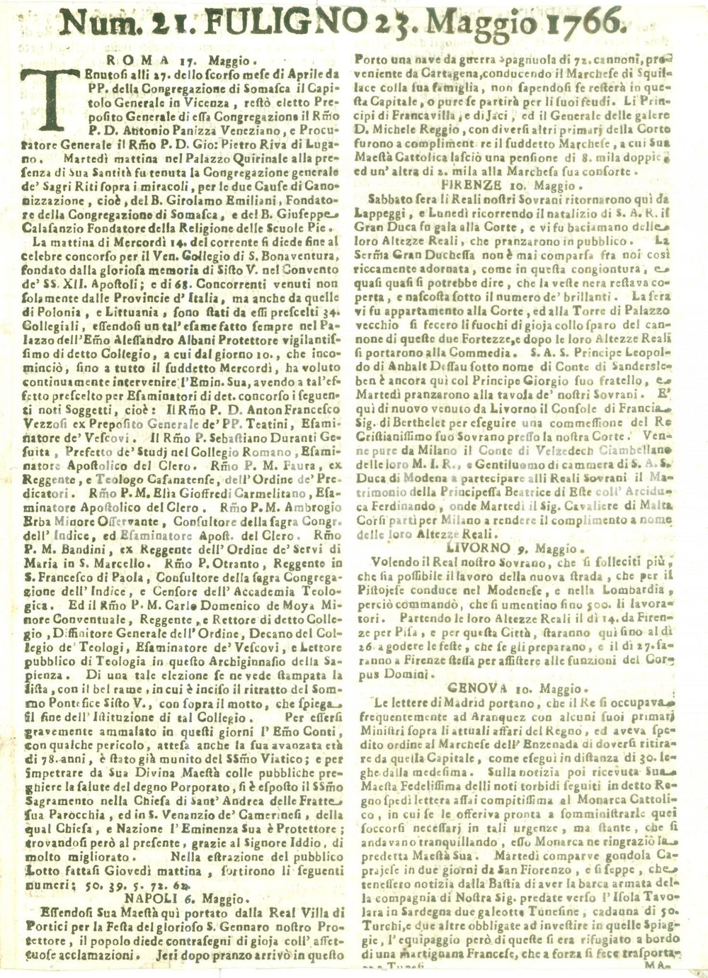 Giornale, rivista storica 1766 GIORNALE DI FOLIGNO n 21 Concorso per Collegio di SAN BONAVENTURA a ROMA 1