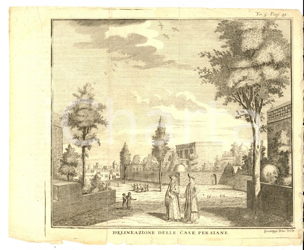 Stampa, bozzetto originale 1750 ca COSTUMI Delineazione delle case persiane Stampa FILOSI DANNEGGIATA 1