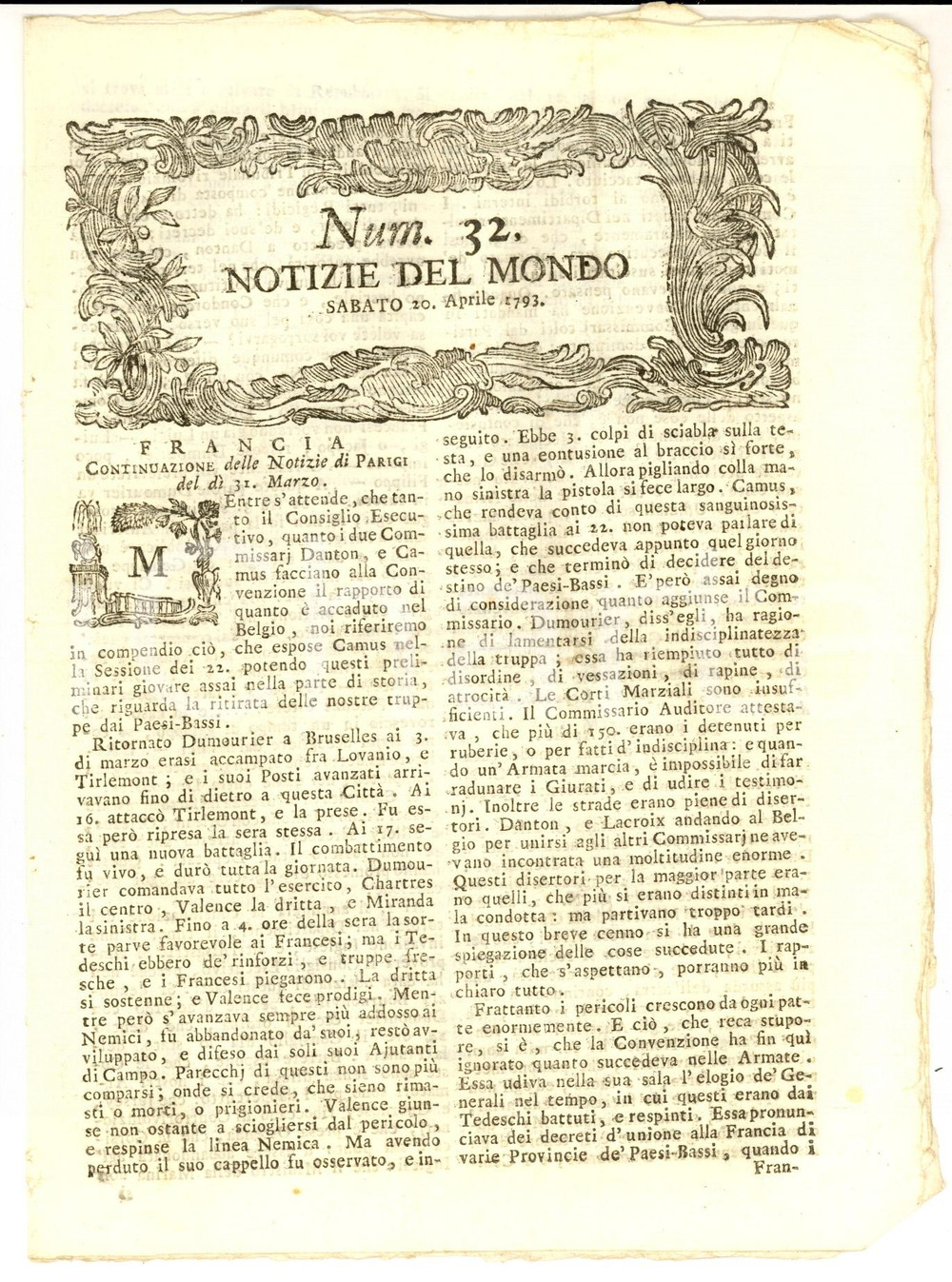 Giornale, rivista storica 1793 NOTIZIE DEL MONDO Gravi accuse al comandante DUMOURIER Gazzetta n° 32 1