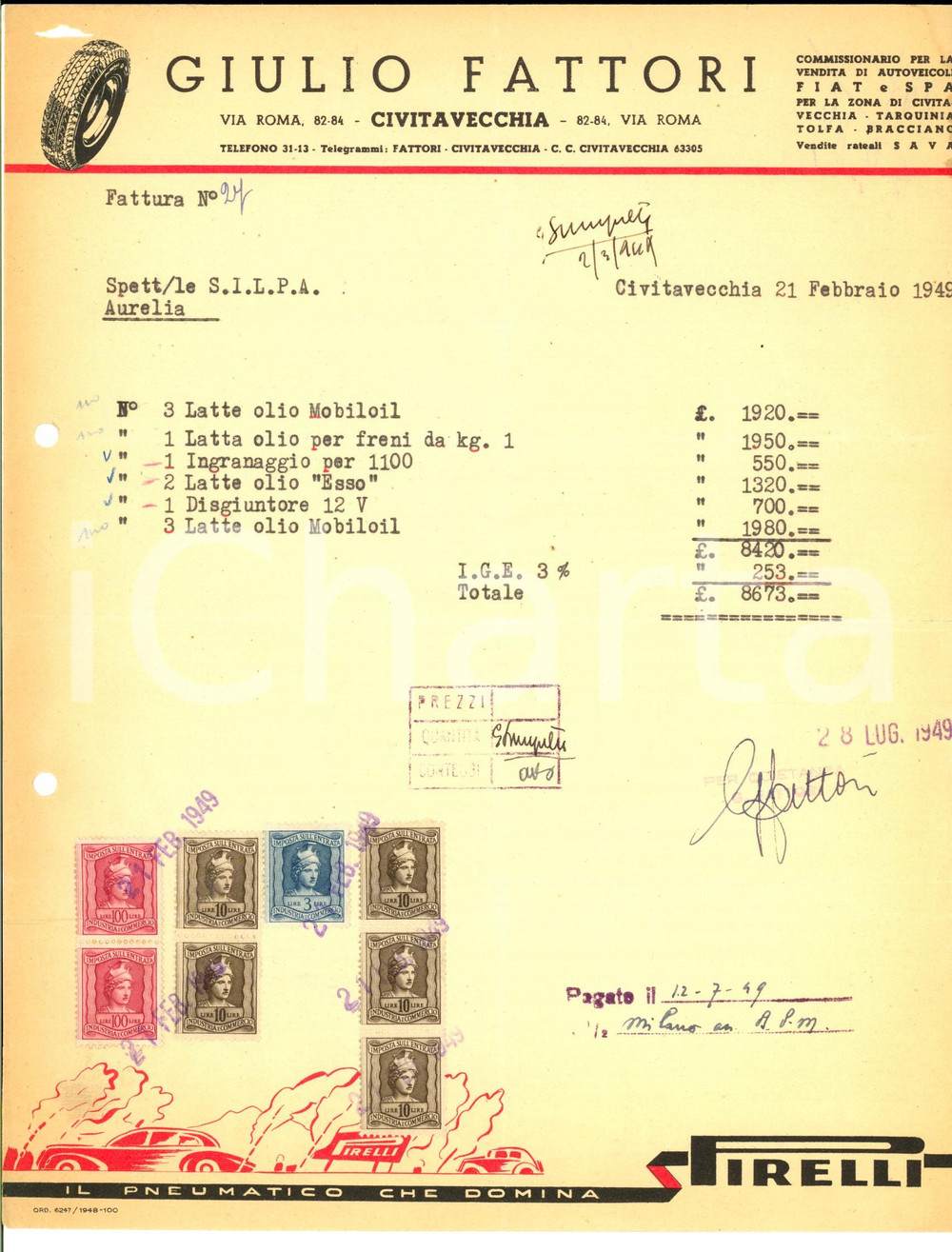 Documento originale, autentico 1949 CIVITAVECCHIA Ditta Giulio FATTORI autonmobili Fattura pubblicitÃ  PIRELLI 1