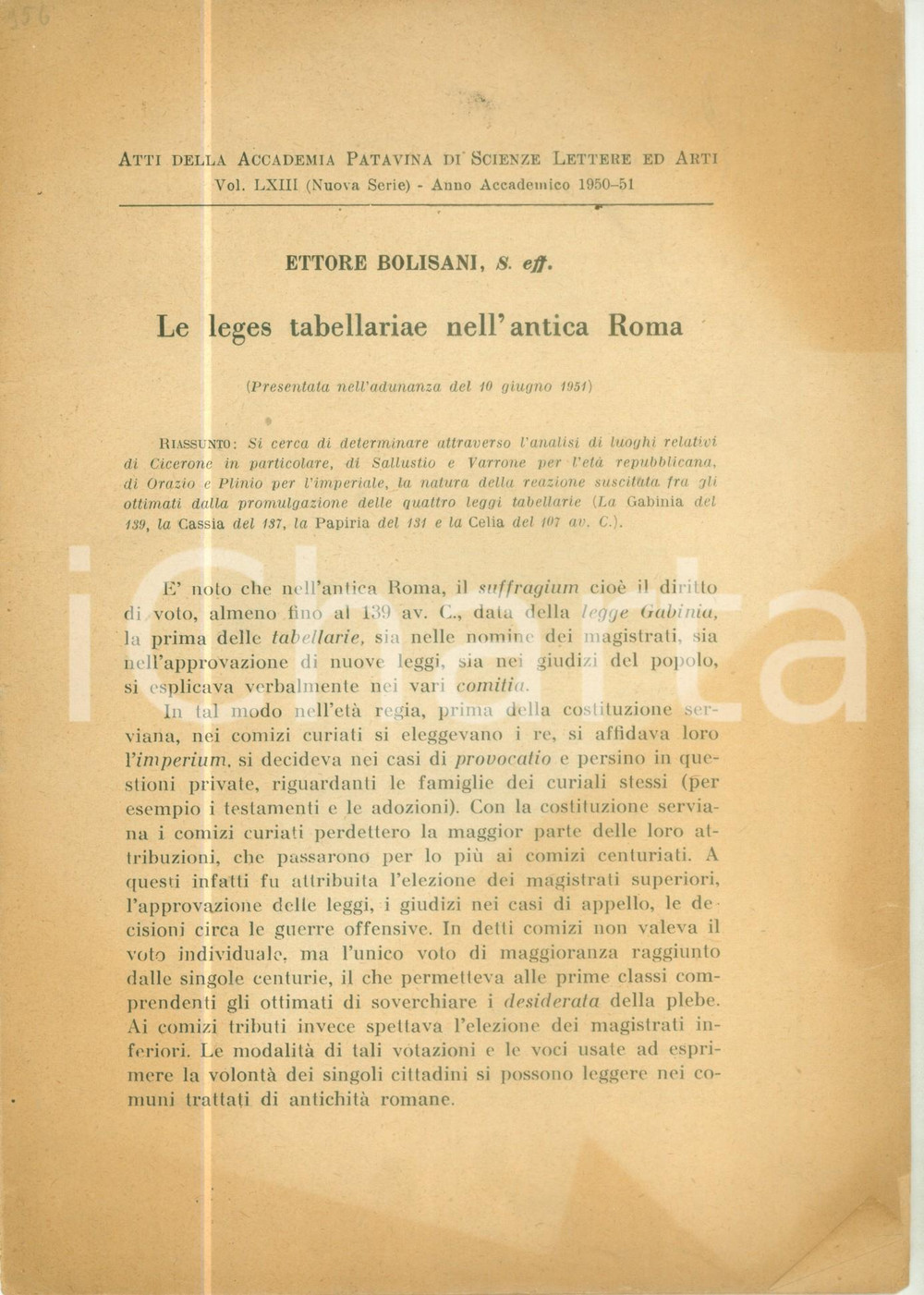Libro, pubblicazione d epoca 1951 Ettore BOLISANI Le leges tabellariae nell antica ROMA Pubblicazione 1