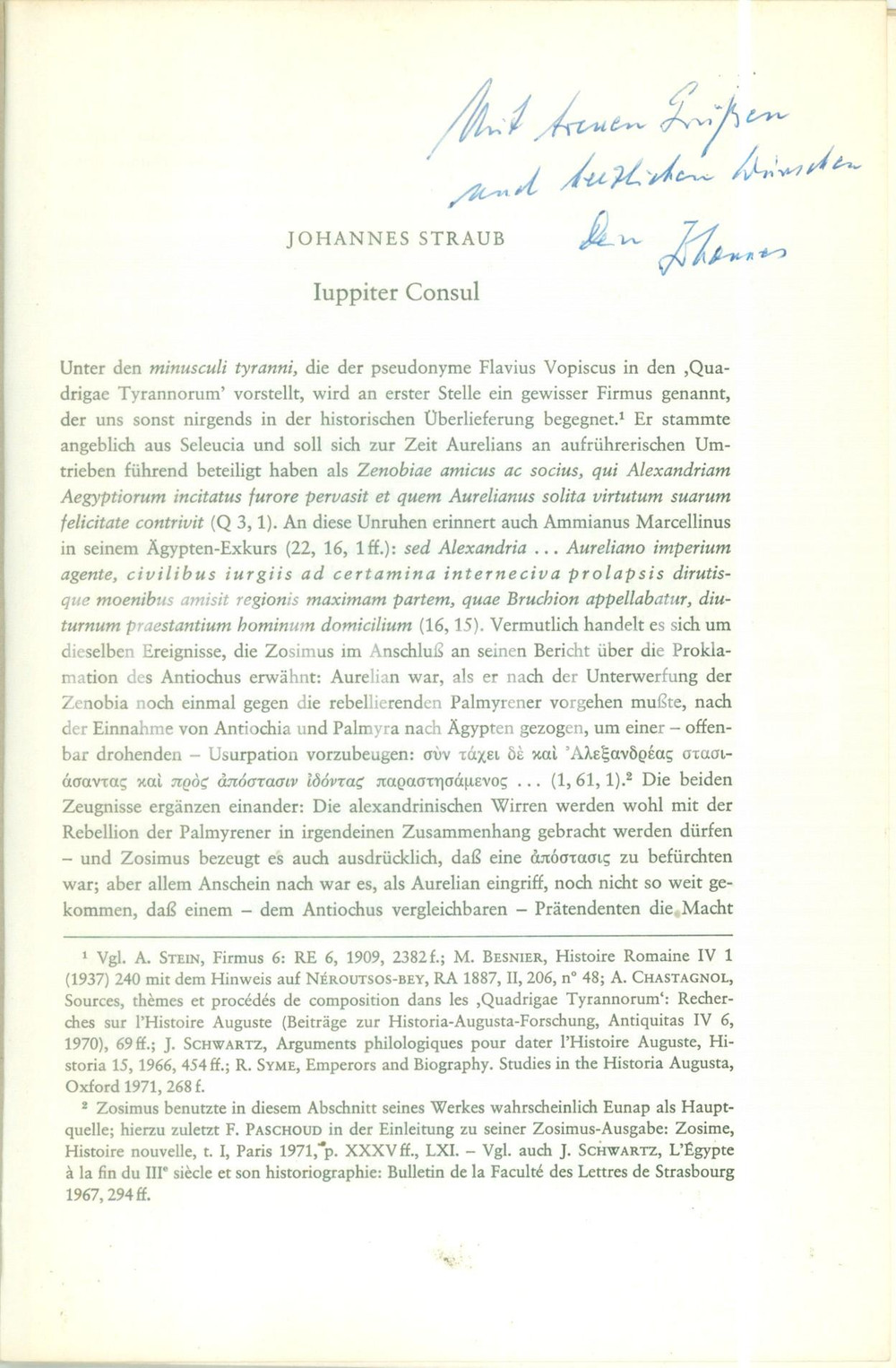 Libro, pubblicazione d epoca 1972 Johannes STRAUB Iuppiter Consul con dedica AUTOGRAFA Pubblicazione 1