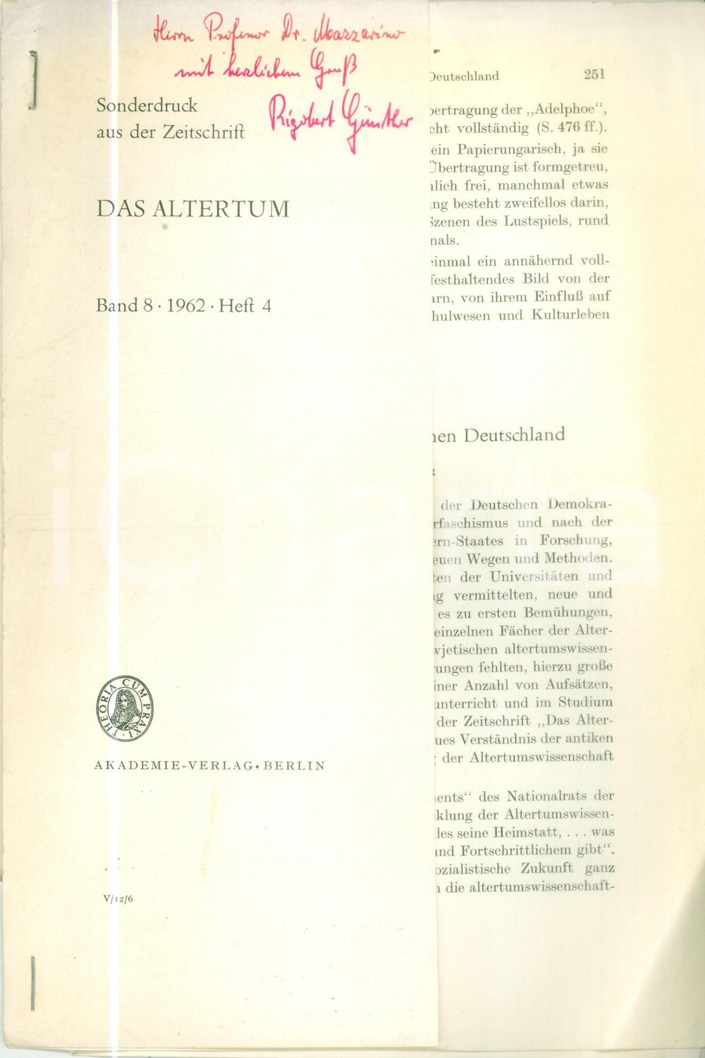 Libro, pubblicazione d epoca 1962 Rigobert GUNTHER Altertumswissenschaft im sozialistischen DEUTSCHLAND 1