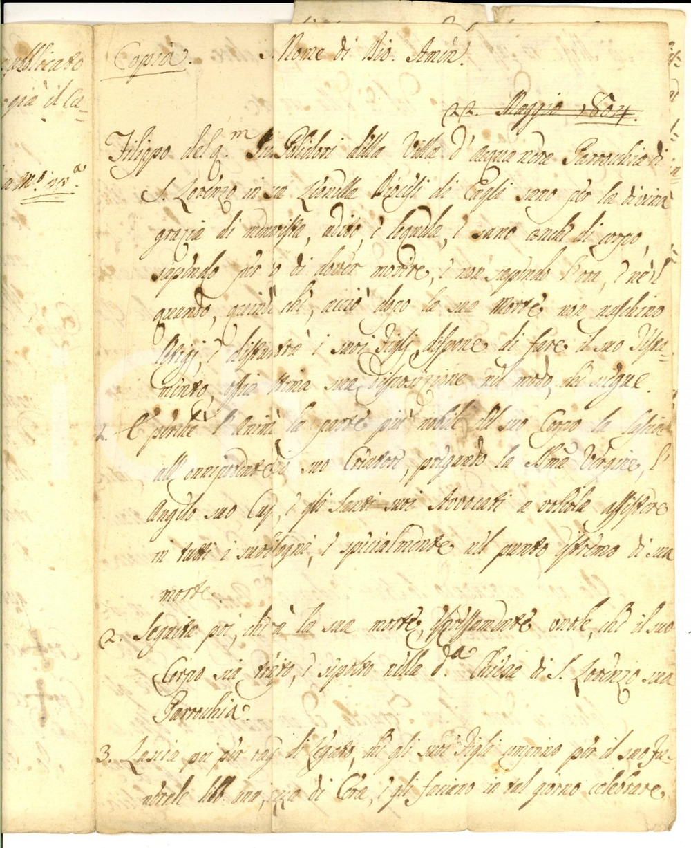 Documento originale, autentico 1804 ACQUANERA PU Testamento Filippo POLIDORI a favore dei figli DANNEGGIATO 1