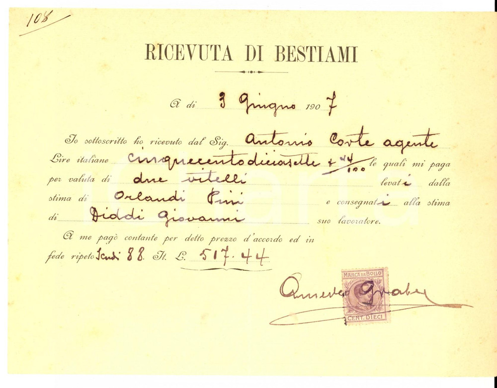 Documento originale, autentico 1907 AREA FIORENTINA Ricevuta di bestiami consegnati a Giovanni DIDDI 1