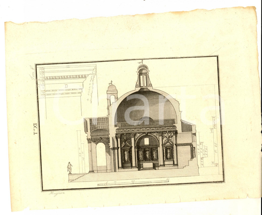 Stampa, bozzetto originale 1850 ca ARCHITETTURA Sezione di edificio con cupola Stampa MUGNON 24x18 cm 1