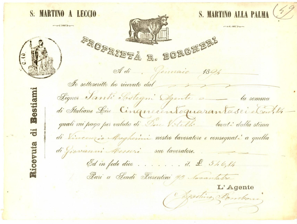 Documento originale, autentico 1894 SAN MARTINO A LECCIO Ricevuta bestiami fattoria proprietÃ  BORGHERI 1