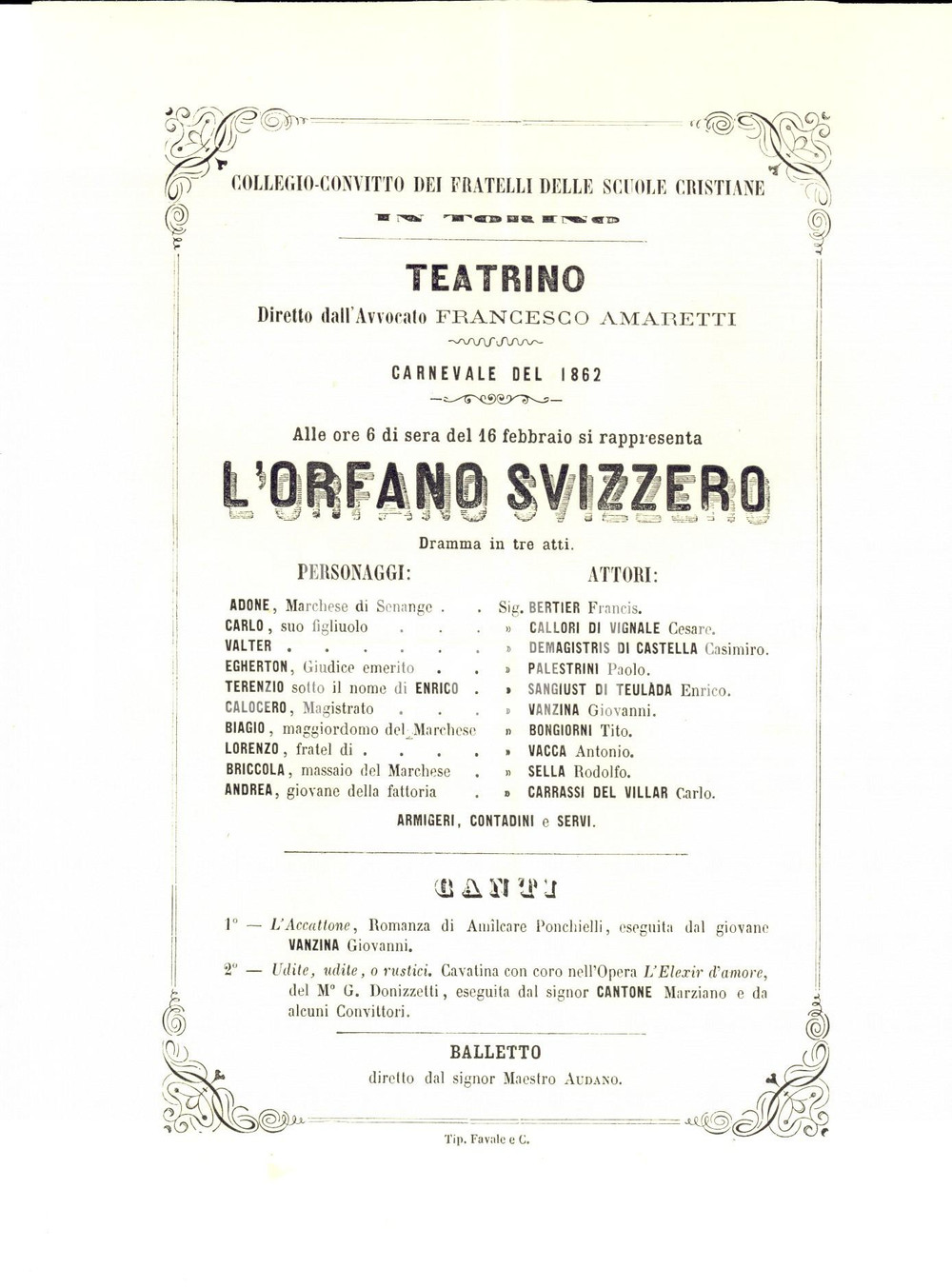 Materiale pubblicitario d’epoca 1862 TORINO Fratelli Scuole Cristiane Locandina CARNEVALE L orfano svizzero 1
