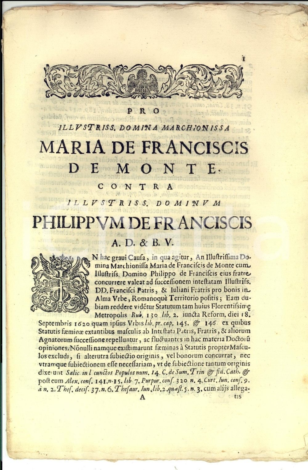Documento originale, autentico 1685 FIRENZE Maria FRANCESCHI DI MONTE SANTA MARIA contro fratello per ereditÃ  1