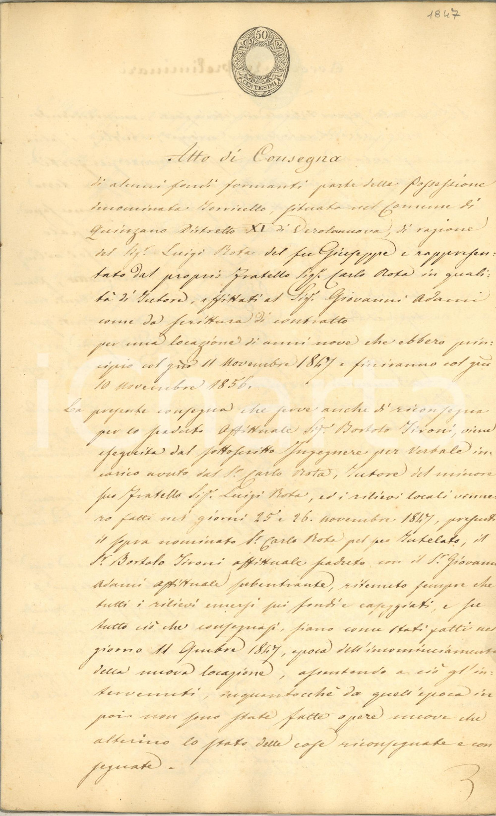 Documento originale, autentico 1847 QUINZANO D OGLIO Atto di consegna fondi proprietà TORRICELLO Manoscritto 1