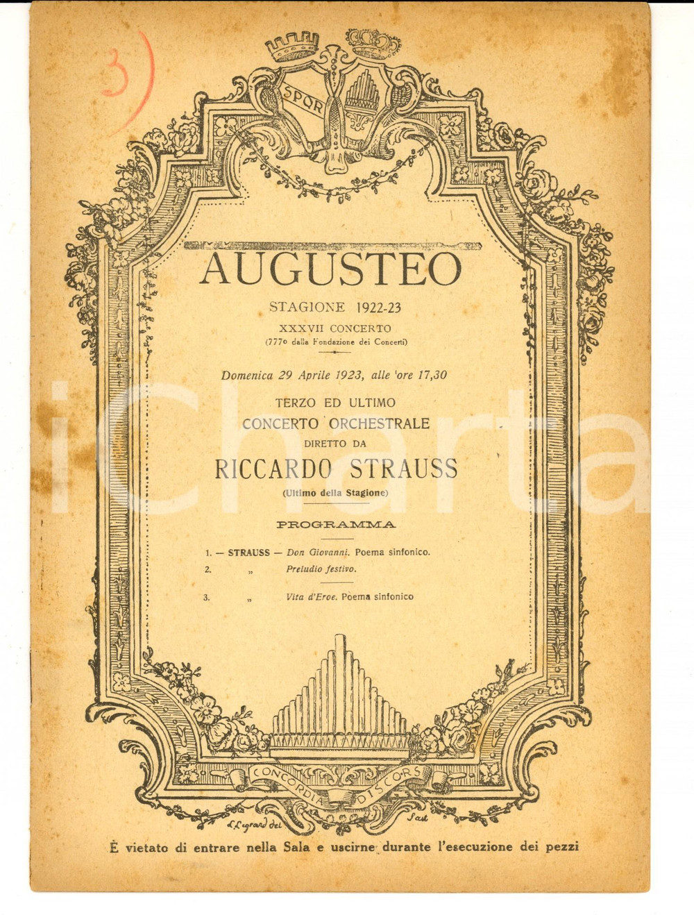 Documento originale, autentico 1923 ROMA Teatro AUGUSTEO Terzo concerto orchestrale diretto da Richard STRAUSS 1