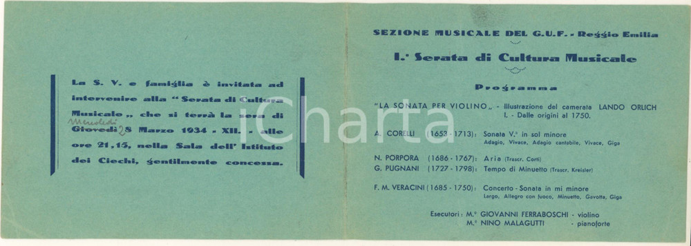 Oggetto da collezione cartaceo 1934 REGGIO EMILIA G.U.F. Amos Maramotti  Biglietto serata musicale 1