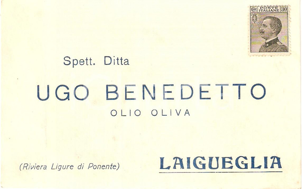 Cartolina originale da collezione 1920 ca LAIGUEGLIA SV Ditta Ugo BENEDETTO Olio oliva Cartolina pubblicitaria 1