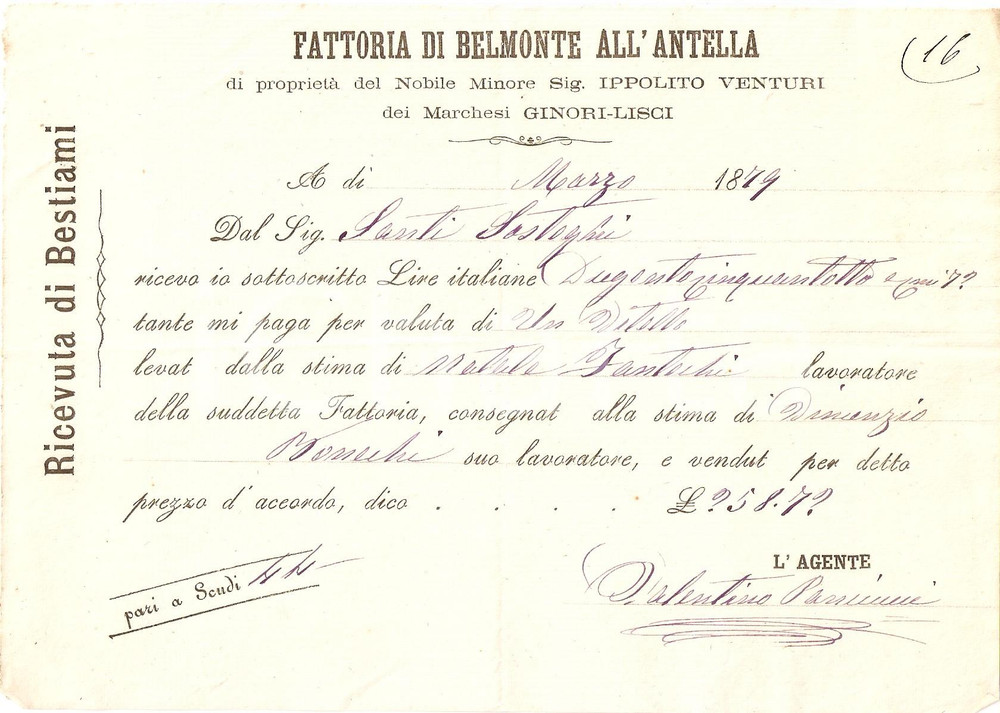 Documento originale, autentico 1879 BAGNO A RIPOLI Fattoria BELMONTE ALL ANTELLA Ippolito VENTURI GINORILISCI 1