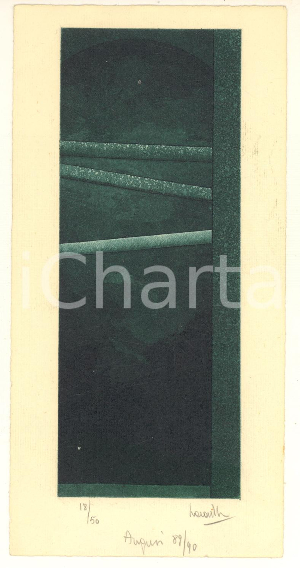 Opera d’arte autentica 1990 Artista Silvio LACASELLA  Auguri  Acquaforte 18/50 FIRMATA 9x18 cm 1