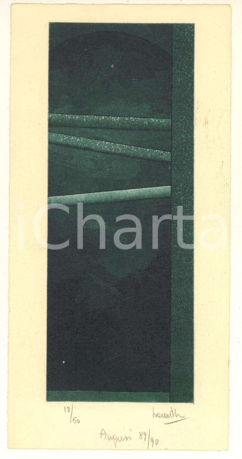 Opera d’arte autentica 1990 Artista Silvio LACASELLA  Auguri  Acquaforte 18/50 FIRMATA 9x18 cm 1