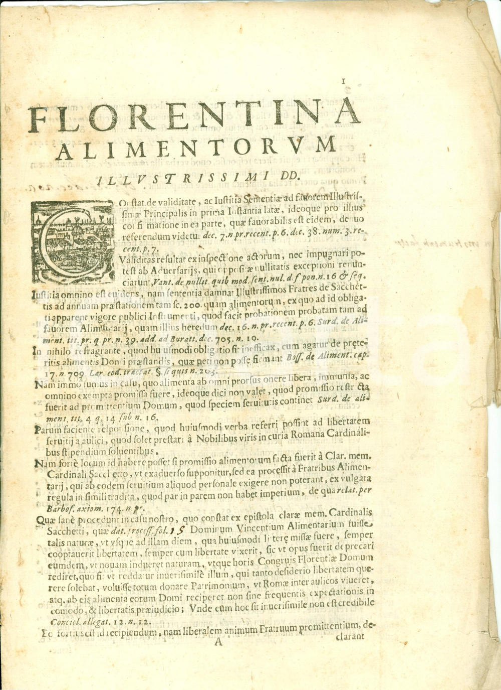 Documento originale, autentico 1679 FIRENZE Alimenti per senatore Vincenzo SACCHETTI Capolettera immagine città 1