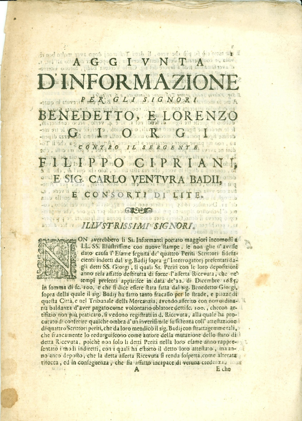 Documento originale, autentico 1688 FIRENZE Carlo Ventura BADII fa fracasso per le strade di questa Città 1
