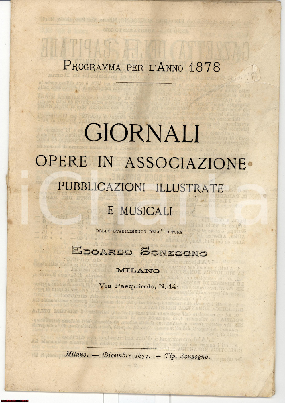 Materiale pubblicitario d’epoca 1878 MILANO Catalogo giornali e pubblicazioni SONZOGNO 1