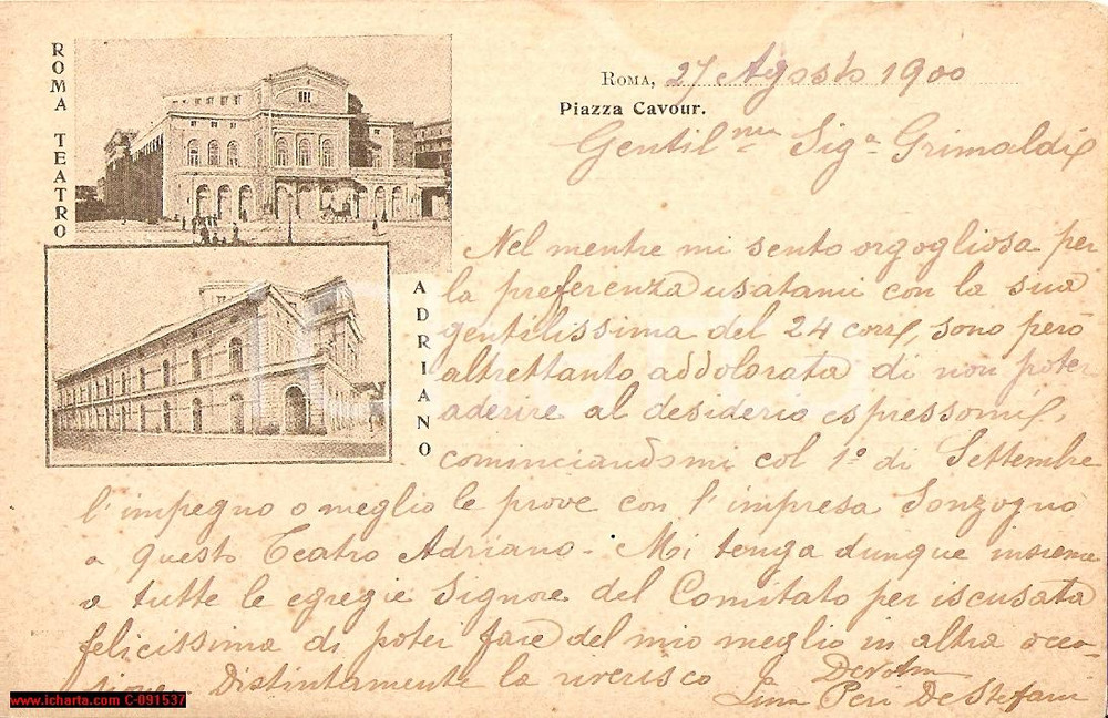 Autografo originale 1900 ROMA Lina PERI DE STEFANI Cartolina autografa 1