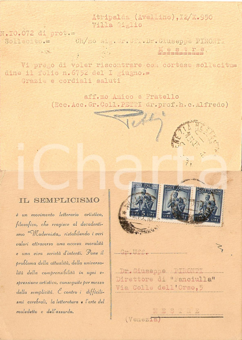 Autografo originale 1950 ATRIPALDA AV Alfredo PETTI e il SEMPLICISMO autografo 1