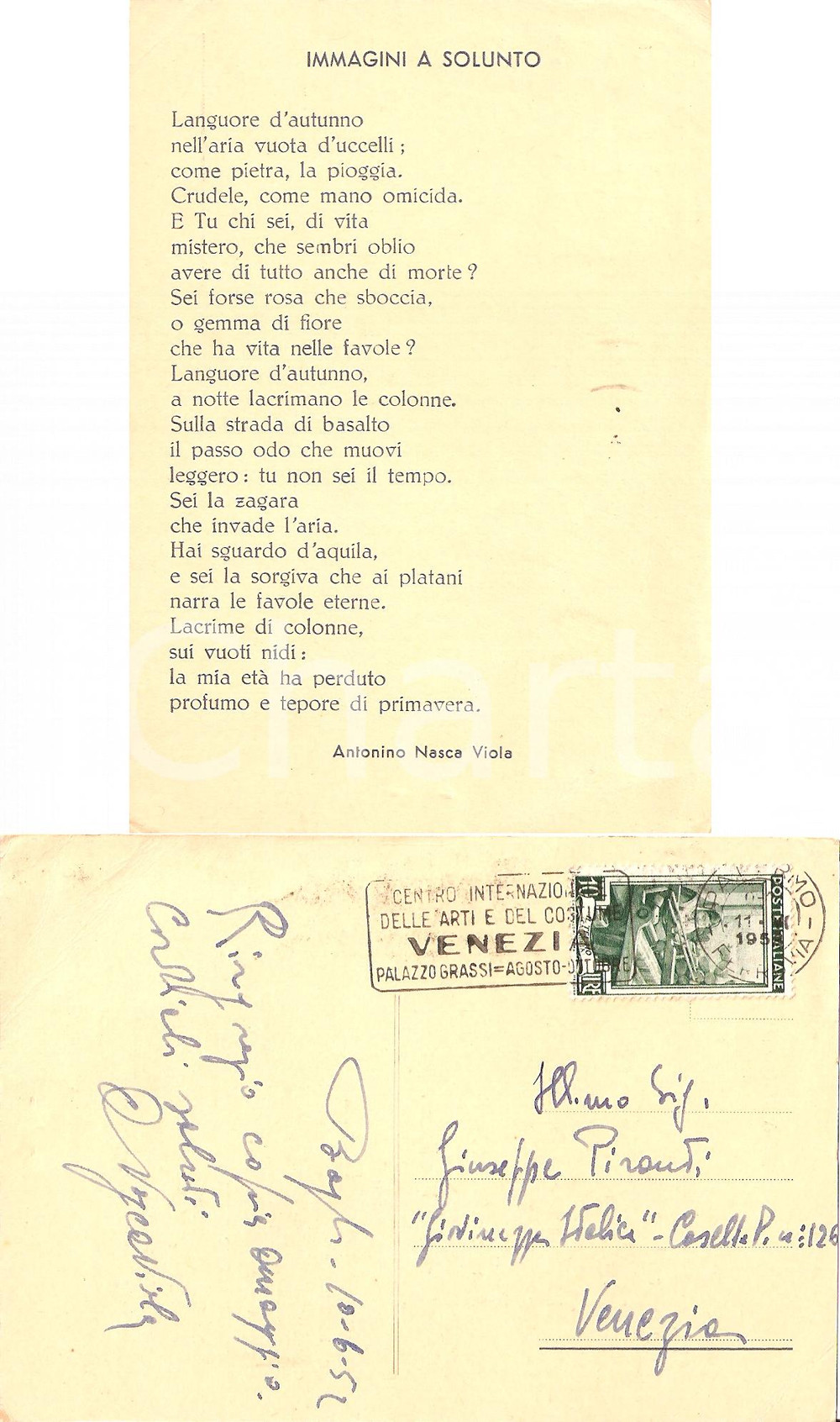 Autografo originale 1952 PALERMO Immagini a Solunto Antonino NASCA VIOLA Autografo 1