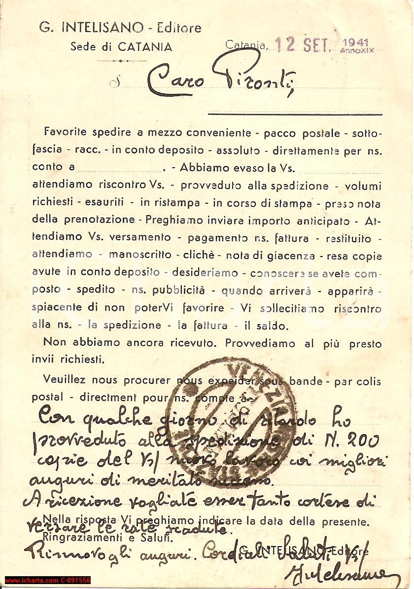 Autografo originale 1941 CATANIA Invio volumi editore Giuseppe INTELISANO Autografo 1