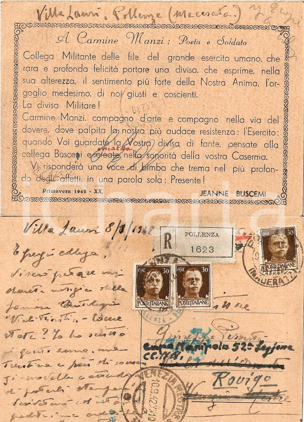 Autografo originale 1942 POLLENZA MC scrittrice Jeanne BUSCEMI elogia Carmine MANZI 1