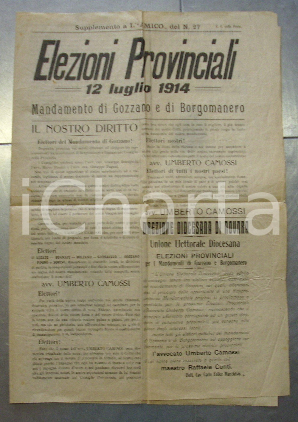 Giornale, rivista storica 1914 GOZZANO BORGOMANERO Votate Umberto CAMOSSI alle elezioni provinciali 1