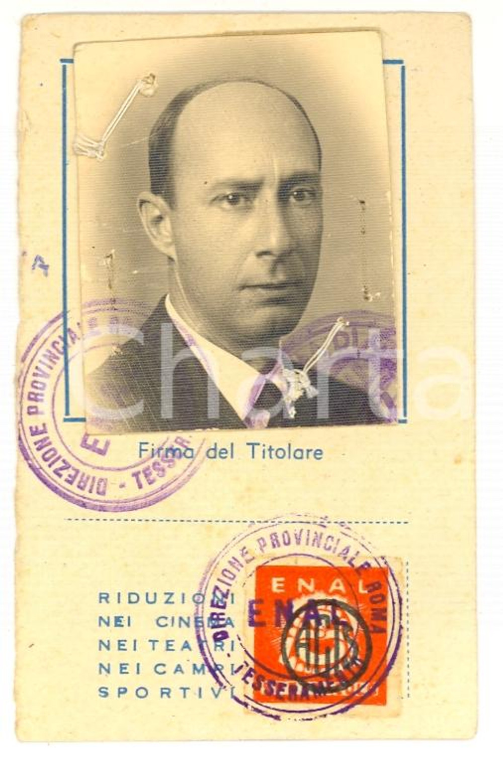 Oggetto da collezione cartaceo 1950 Tessera ENAL con fotografia Santorre di SANTAROSA 1